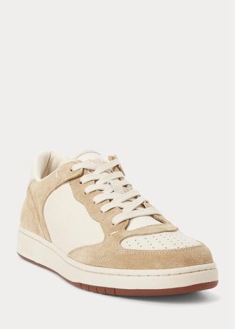 Beige Men’s Ralph Lauren Court Leather-Suede Sneakers