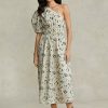 Black / Beige Women’s Ralph Lauren Floral Asymmetrical Shirred Poplin Dress