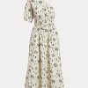 Black / Beige Women’s Ralph Lauren Floral Asymmetrical Shirred Poplin Dress