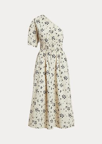 Black / Beige Women’s Ralph Lauren Floral Asymmetrical Shirred Poplin Dress