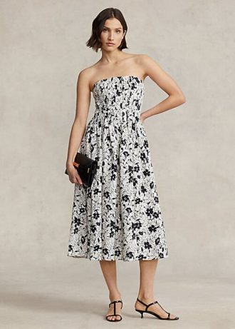 Black / Cream Women’s Ralph Lauren Floral Linen Strapless Dress