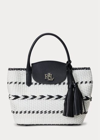 Black/Snow White Women’s Ralph Lauren Geo-Motif Woven Leather Large Perri Tote Bags