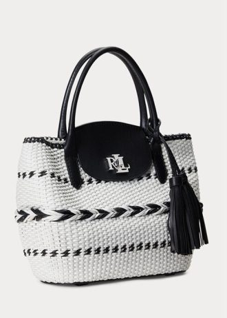 Black/Snow White Women’s Ralph Lauren Geo-Motif Woven Leather Large Perri Tote Bags