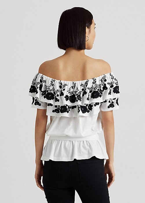Black / White Women’s Ralph Lauren Embroidered Jersey Off-the-Shoulder Tops Black / White Women’s Ralph Lauren Embroidered Jersey Off-the-Shoulder Tops