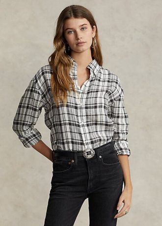Black / White Women’s Ralph Lauren Relaxed Fit Plaid Linen Shirts