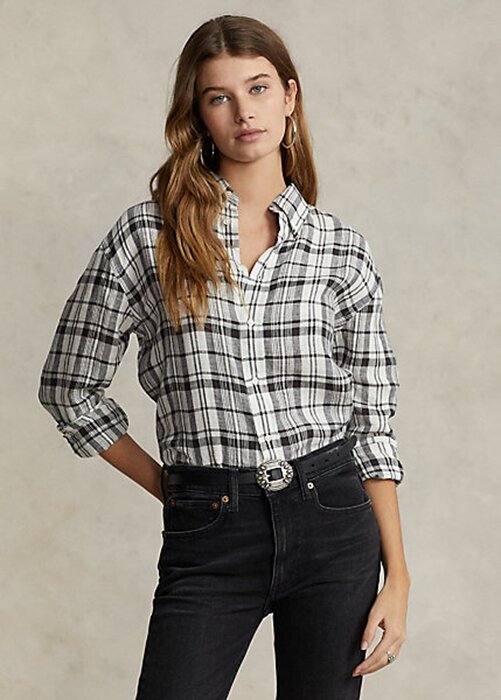 Black / White Women’s Ralph Lauren Relaxed Fit Plaid Linen Shirts Black / White Women’s Ralph Lauren Relaxed Fit Plaid Linen Shirts