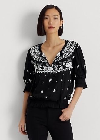 Black Women’s Ralph Lauren Embroidered Jersey Tie-Neck Tops