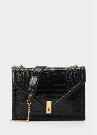Black Women’s Ralph Lauren Polo ID Croc-Embossed Envelope Chain Crossbody Bags