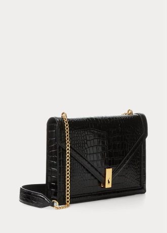 Black Women’s Ralph Lauren Polo ID Croc-Embossed Envelope Chain Crossbody Bags