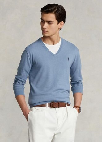 Blue Men’s Ralph Lauren Slim Fit Textured Cotton Jumper Sweaters