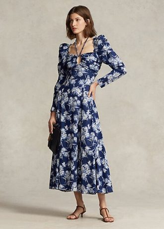 Blue Women’s Ralph Lauren Floral Cotton Halter-Tie Dress