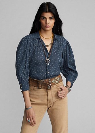 Blue Women’s Ralph Lauren Floral Crinkled Cotton Voile Blouse Shirts
