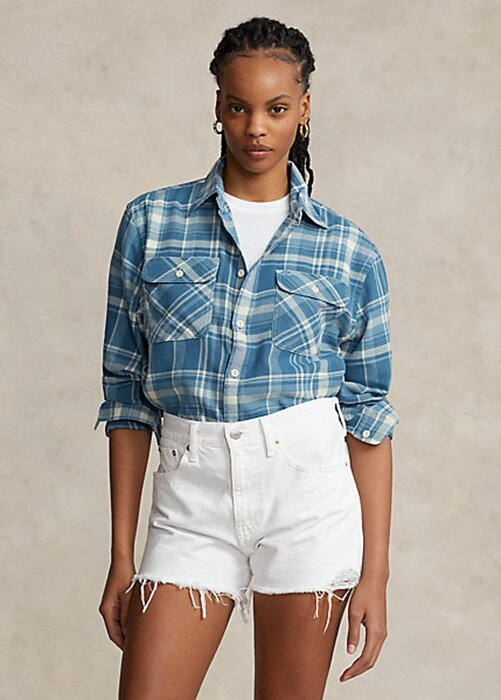 Blue Women’s Ralph Lauren Plaid Cotton Twill High-Low Shirts Blue Women’s Ralph Lauren Plaid Cotton Twill High-Low Shirts