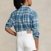 Blue Women’s Ralph Lauren Plaid Cotton Twill High-Low Shirts Blue Women’s Ralph Lauren Plaid Cotton Twill High-Low Shirts
