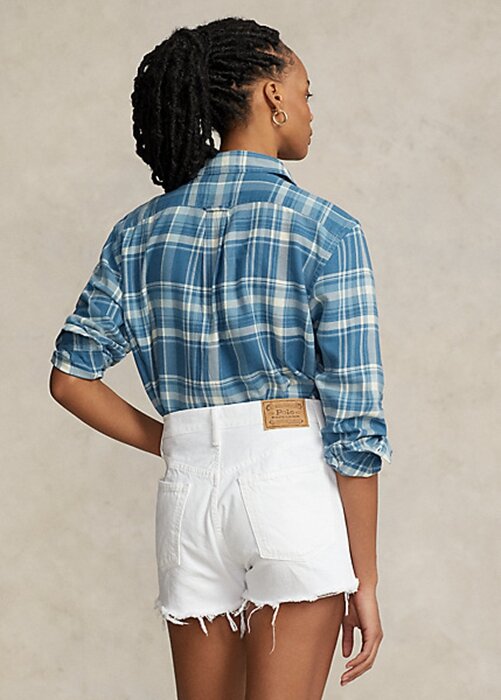 Blue Women’s Ralph Lauren Plaid Cotton Twill High-Low Shirts Blue Women’s Ralph Lauren Plaid Cotton Twill High-Low Shirts