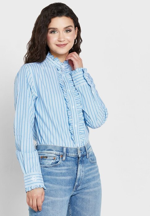 Blue Women’s Ralph Lauren Striped Ruffle Detail Shirts Blue Women’s Ralph Lauren Striped Ruffle Detail Shirts