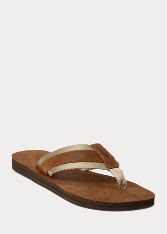 Brown Men’s Ralph Lauren Grosgrain-Trim Suede Flip Flops