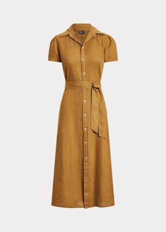 Brown Women’s Ralph Lauren Belted Linen Short-Sleevedress Dress