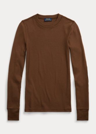 Brown Women’s Ralph Lauren Ribbed Suede-Trim Long-Sleeve T Shirts