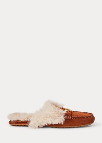 Brown Women’s Ralph Lauren Savanah Faux Fur-Trim Suede Flat Shoes