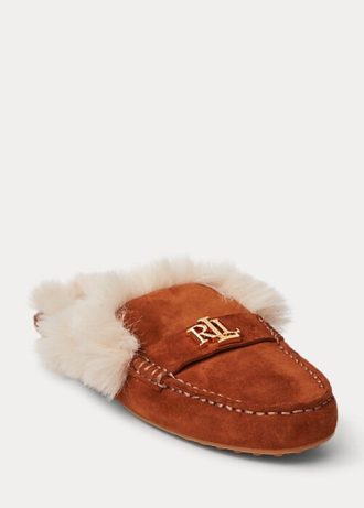 Brown Women’s Ralph Lauren Savanah Faux Fur-Trim Suede Flat Shoes