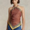 Brown Women’s Ralph Lauren Scarf-motif Mulberry Silk Halter Tops Brown Women’s Ralph Lauren Scarf-motif Mulberry Silk Halter Tops