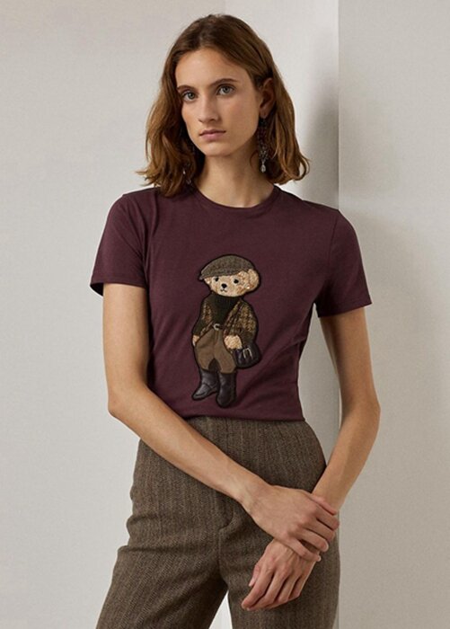 Burgundy Women’s Ralph Lauren Tweed Bear Cotton T Shirts Burgundy Women’s Ralph Lauren Tweed Bear Cotton T Shirts