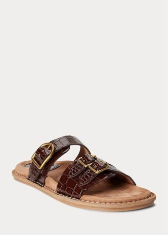 Chocolate Women’s Ralph Lauren Ezra Crocodile-Embossed Leather Sandals