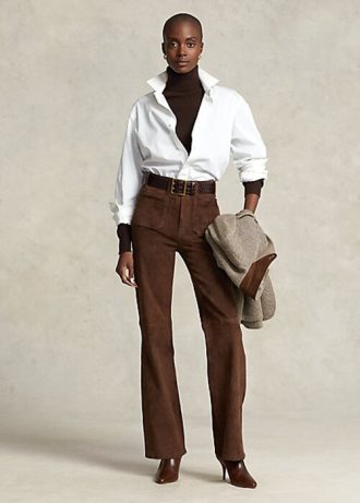 Chocolate Women’s Ralph Lauren Lambskin Suede Patch-Pocket Flare Pants