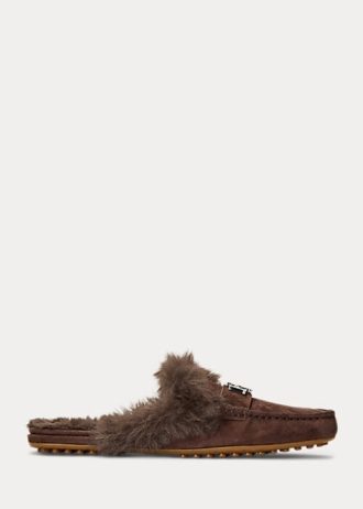 Chocolate Women’s Ralph Lauren Savanah Faux Fur-Trim Suede Flat Shoes