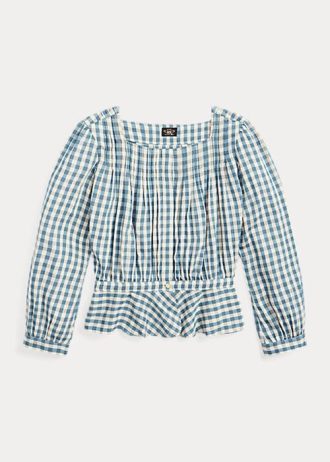 Cream / Blue Women’s Ralph Lauren Gingham Voile Peplum Blouse Shirts