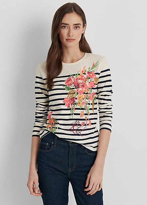 Cream / Navy Women’s Ralph Lauren Floral & Striped Jersey Long-Sleeve T Shirts Cream / Navy Women’s Ralph Lauren Floral & Striped Jersey Long-Sleeve T Shirts