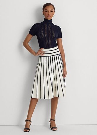 Cream / Navy Women’s Ralph Lauren Striped Knit Midi Skirts