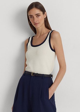 Cream / Navy Women’s Ralph Lauren Two-Tone Cotton-Blend Sleeveless Sweaters