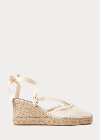 Cream Women’s Ralph Lauren Fringe-Trim Canvas Wedge Flat Shoes
