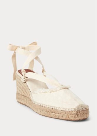 Cream Women’s Ralph Lauren Fringe-Trim Canvas Wedge Flat Shoes