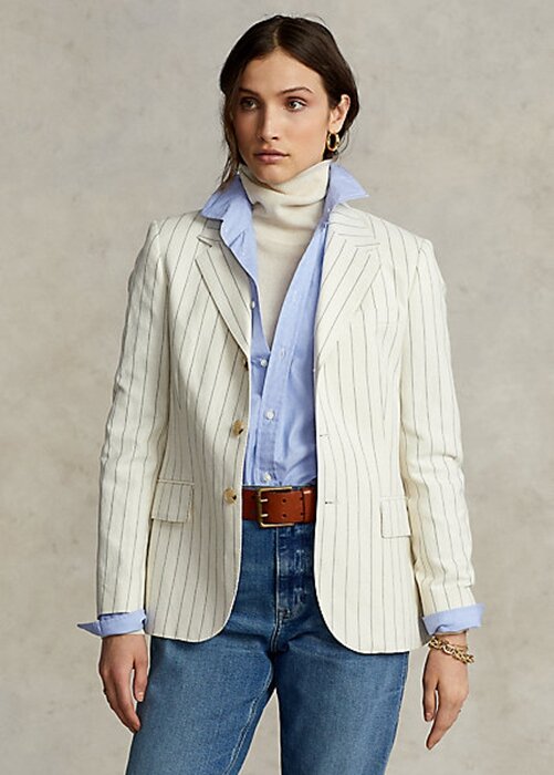 Cream Women’s Ralph Lauren Pinstripe Cotton-Linen-Wool Blazers Cream Women’s Ralph Lauren Pinstripe Cotton-Linen-Wool Blazers