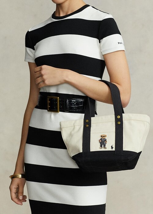 Ecru/Black Women’s Ralph Lauren Canvas Small Polo Bear Tote Bags Ecru/Black Women’s Ralph Lauren Canvas Small Polo Bear Tote Bags