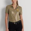 Gold Women’s Ralph Lauren Foil-Print Jersey Polo Shirts Gold Women’s Ralph Lauren Foil-Print Jersey Polo Shirts