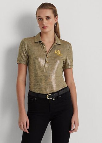 Gold Women’s Ralph Lauren Foil-Print Jersey Polo Shirts