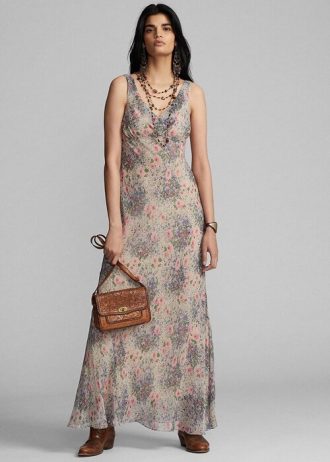 Multicolor / Brown Women’s Ralph Lauren Floral Crinkled Silk Chiffon Dress