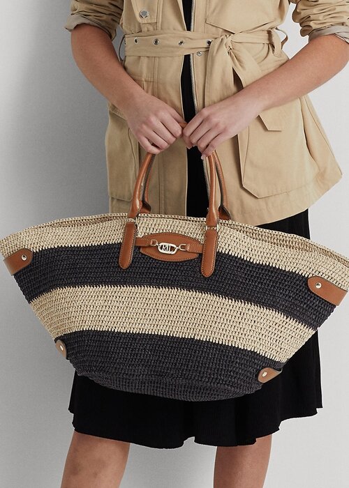 Natural/Black/Lauren Tan Women’s Ralph Lauren Striped Straw Medium Daphney Tote Bags Natural/Black/Lauren Tan Women’s Ralph Lauren Striped Straw Medium Daphney Tote Bags