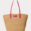 Natural/Sport Pink Women’s Ralph Lauren Leather-Trim Straw Large Brie Tote Bags