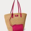 Natural/Sport Pink Women’s Ralph Lauren Leather-Trim Straw Large Brie Tote Bags