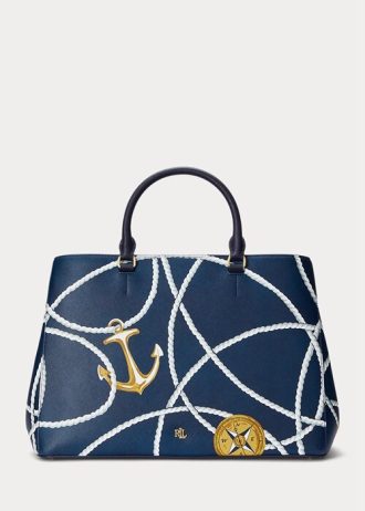 Nautical Rope Print Women’s Ralph Lauren Crosshatch Leather Large Hanna Satchel Bags