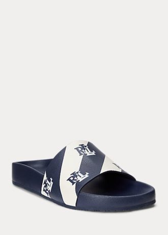 Navy Women’s Ralph Lauren Audrina Logo Faux-Leather Slippers