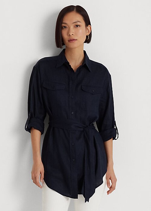 Navy Women’s Ralph Lauren Belted Linen Shirts Navy Women’s Ralph Lauren Belted Linen Shirts