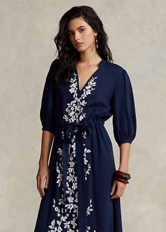 Navy Women’s Ralph Lauren Floral-Embroidered Gauze Maxidress Dress
