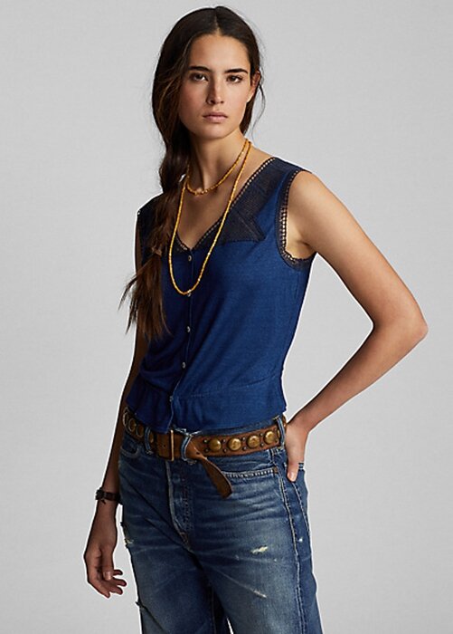 Navy Women’s Ralph Lauren Indigo Crochet-trim Camisole Shirts Navy Women’s Ralph Lauren Indigo Crochet-trim Camisole Shirts