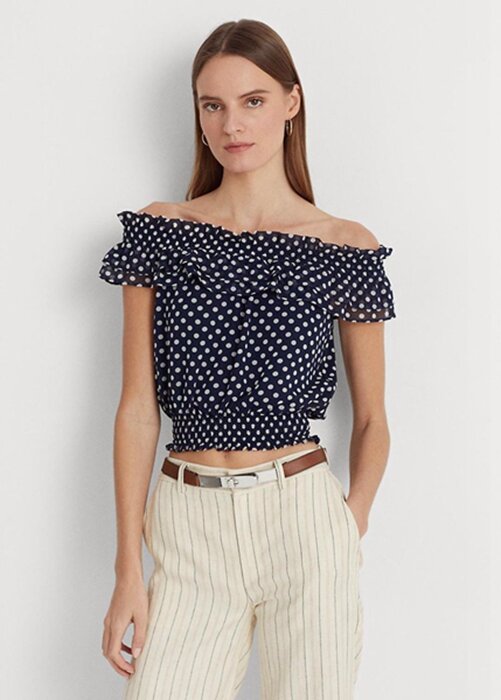 Navy Women’s Ralph Lauren Polka-dot Off-the-shoulder Blouse Tops Navy Women’s Ralph Lauren Polka-dot Off-the-shoulder Blouse Tops